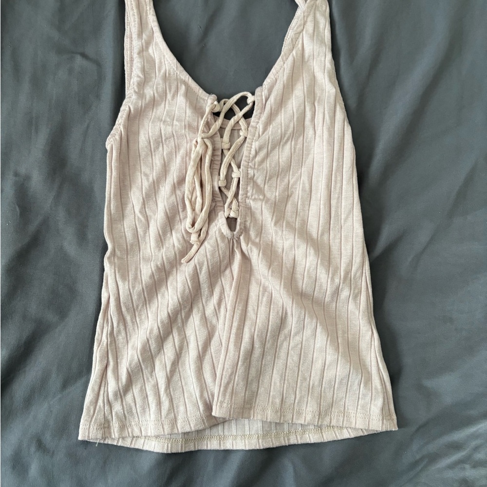 Women's Cream Lace-Up Ribbed Tank Top